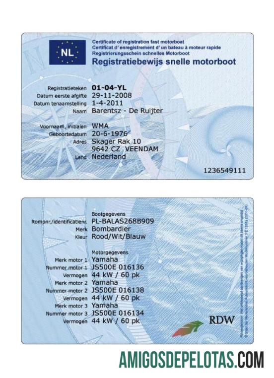 Certificado de registro holandês amostra de lancha rápida